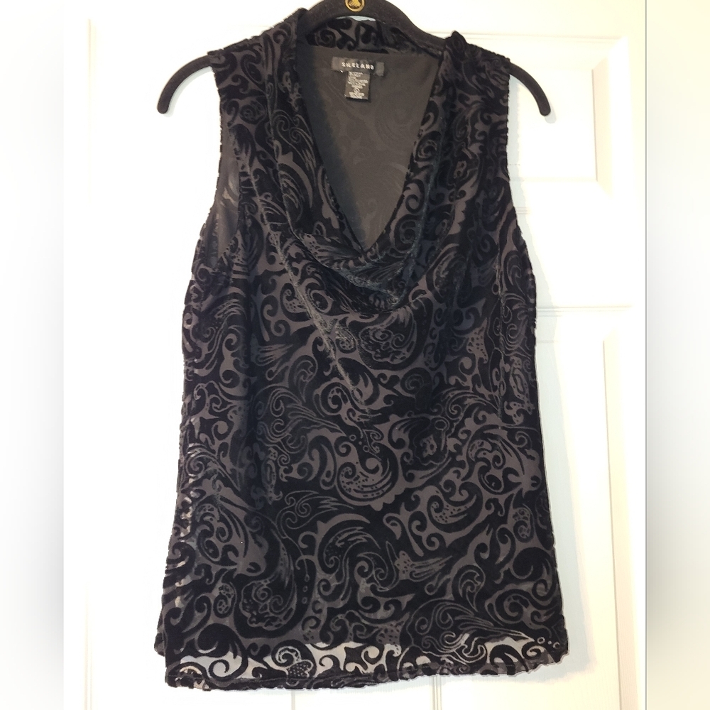 Silkland Cowl‎ Neck Shirt Black Velvet Burnout Women's Size Large Y2K Lined